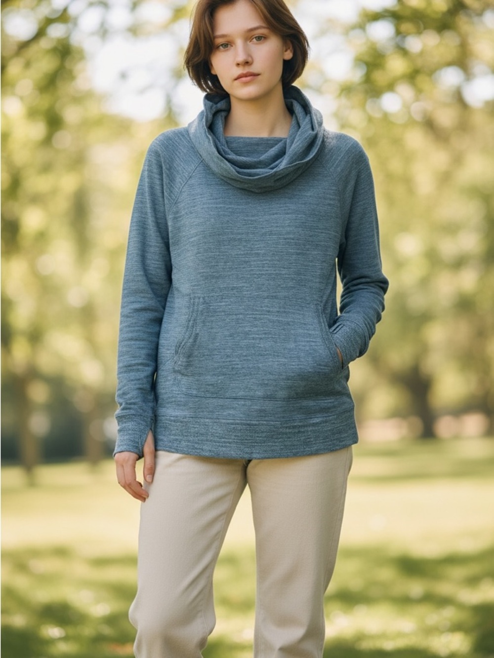 L.L. Bean Heathered Blue Cowl Neck Women's Pullover Hoodie L